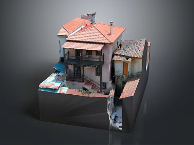 Traditional House 3D Model With Red Roof Section View And Interior Structure 3d model