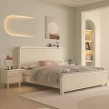 Modern Minimalist Double Bed with White Headboard Light-colored Quilt Nightstand Table Lamp and Curved Bookshelf