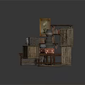 Vintage Rustic Wooden Storage Boxes And Furniture With Shelves Table Display Scene