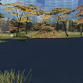 Waterfront Landscape with Modern High Rise Buildings Trees Yellow Leaves Grass and Rocks
