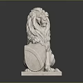 Detailed White Marble Sitting Lion Statue With Shield On Square Base 3d model