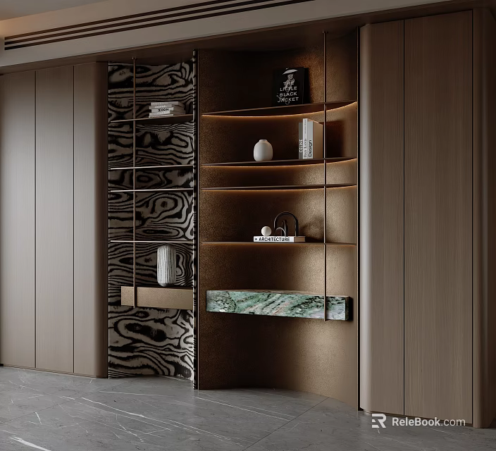 Elegant Modern Wooden Bookcase with Open Design Marble Countertop and Decorative Ornaments 3d model 