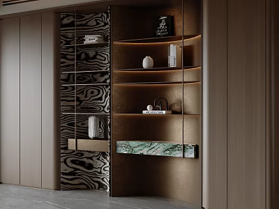 Elegant Modern Wooden Bookcase with Open Design Marble Countertop and Decorative Ornaments 3d model