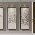 Traditional Chinese Landscape Paintings Hanging on White Wall with Mountains Trees and Red Berries Branch