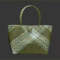 Stylish Woven Green Handbag With Blue White Checkered Pattern And Handle