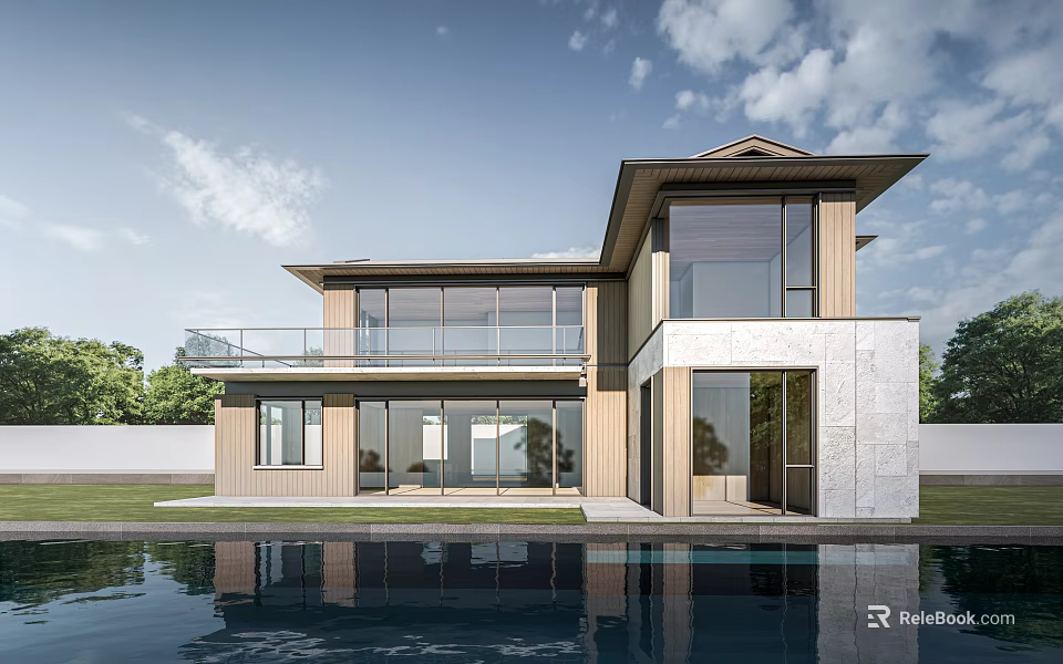 Modern Two Story Detached Villa With Large Windows Swimming Pool And Water Reflection 3d model 