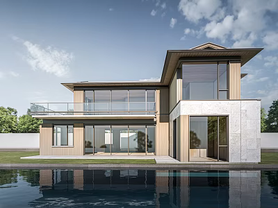 Modern Two Story Detached Villa With Large Windows Swimming Pool And Water Reflection 3d model