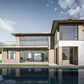 Modern Two Story Detached Villa With Large Windows Swimming Pool And Water Reflection