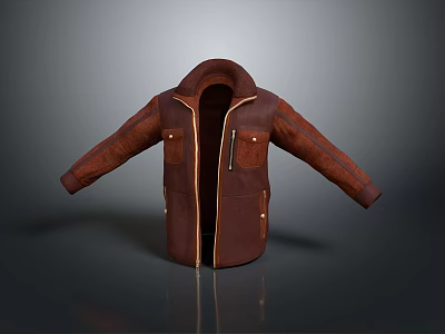 Stylish Brown Leather Jacket With Open Front Design And Functional Pockets 3d model