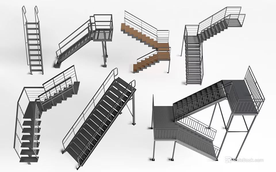Various Modern Staircase Designs Straight And Curved With Metal Railings Wooden Steps 3d model 