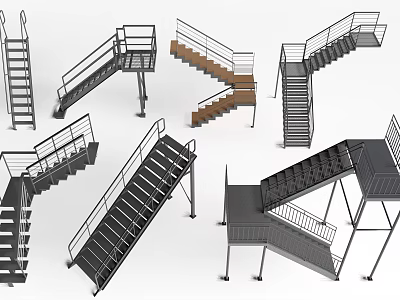 Various Modern Staircase Designs Straight And Curved With Metal Railings Wooden Steps 3d model