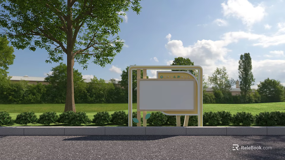 School Outdoor Notice Board In Green Lawn With Trees And Blue Sky 3d model 