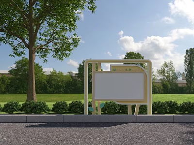 School Outdoor Notice Board In Green Lawn With Trees And Blue Sky 3d model