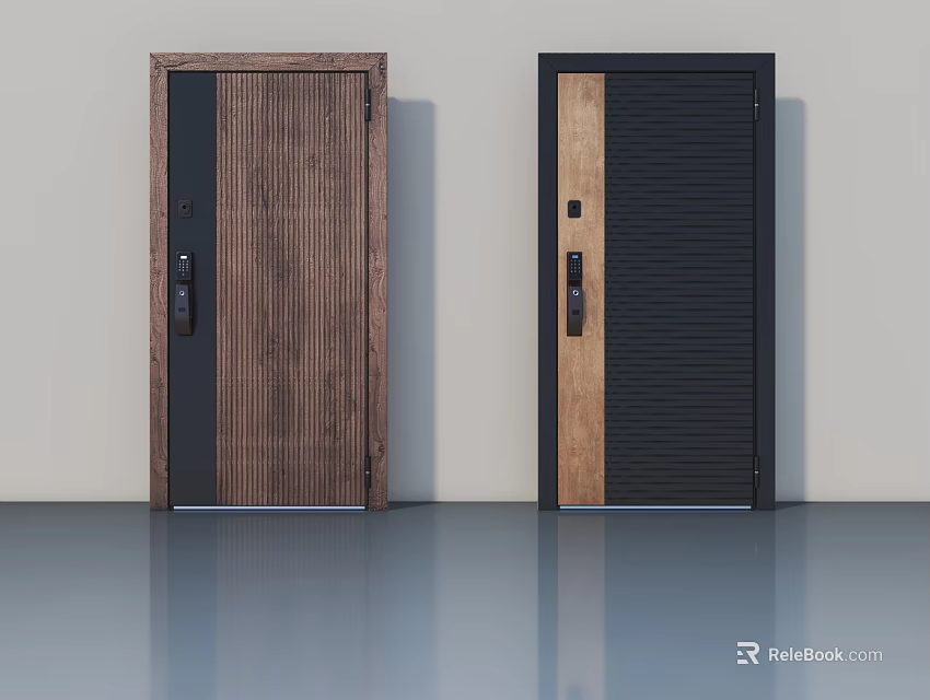 Two Modern Hinged Doors Featuring Wooden Texture And Black Panel Minimalist Design 3d model