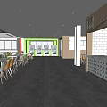 Modern Cafeteria Interior With Long Tables Colorful Chairs Ceiling Lights And Windows 3d model