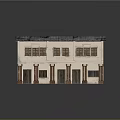 Traditional Two Story Building Featuring Gray Roof Beige Walls Brown Windows Doors And Columns