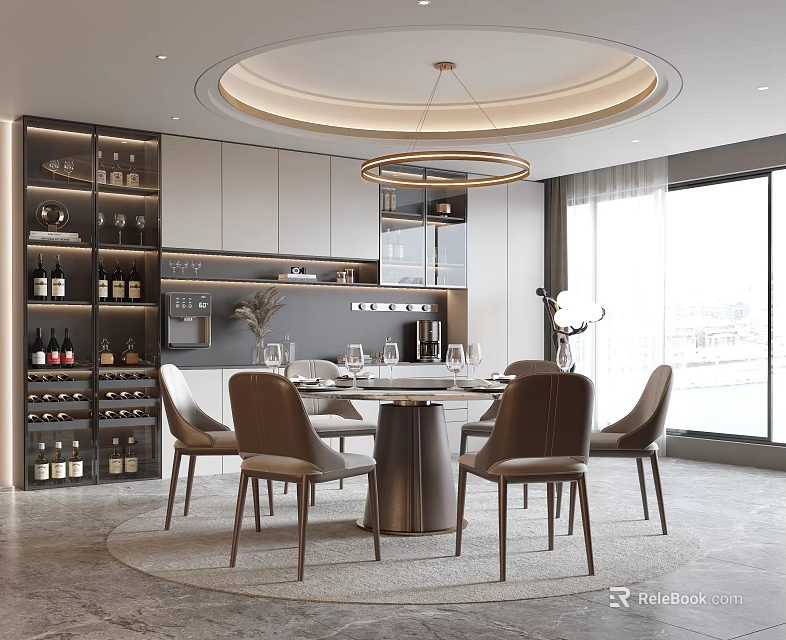 Modern Restaurant Interior With Round Dining Table Leather Chairs Wine Rack And Large Windows 3d model 