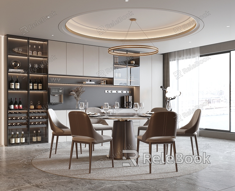 Modern Dining Table and Chair Combination Round Dining Table Dining Chair Wine Cabinet model