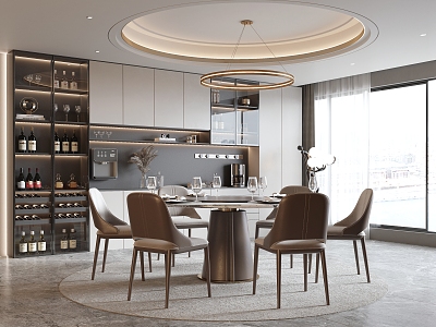 Modern Dining Table and Chair Combination Round Dining Table Dining Chair Wine Cabinet model