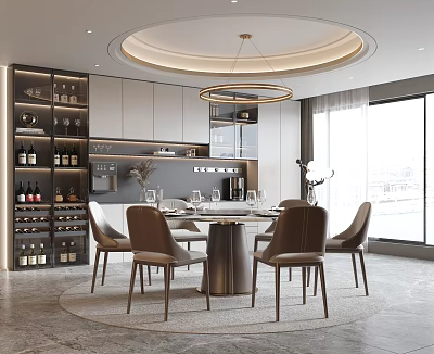 Modern Restaurant Interior With Round Dining Table Leather Chairs Wine Rack And Large Windows 3d model