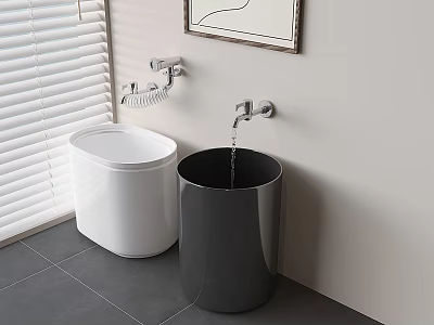 Modern Bathroom Accessories With White And Black Cylindrical Design In Gray Tile Interior Near Faucet 3d model