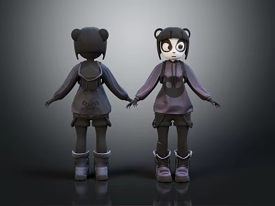 Two Anthropomorphic Panda Characters Holding Hands In Dark Hoodies And Overalls With Boots 3d model