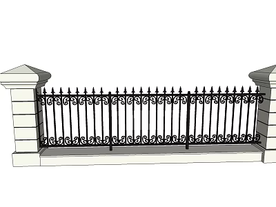 Architectural Exterior Ornate Iron Fence With Stone Pillars Spiked Top And Patterned Base 3d model