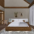 Modern Bedroom Interior Design With Wooden Bed Frame Deer Wall Art And Pendant Lights