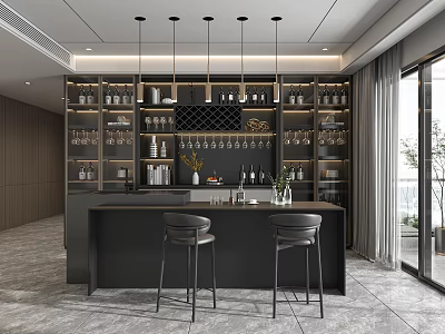 Modern Open Design Bar Area with Black Counter Two Stools Hanging Lights and Wine Racks 3d model