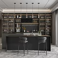 Modern Open Design Bar Area with Black Counter Two Stools Hanging Lights and Wine Racks