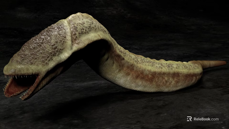 Curved Leathery Textured Creature Limb With Yellowish Brown Surface On Dark Background 3d model 