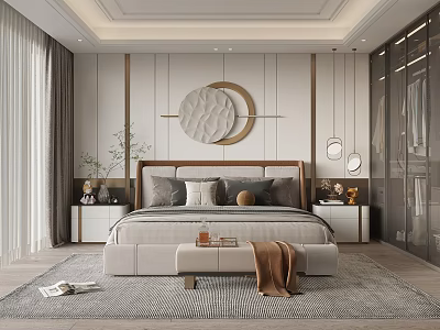 Elegant Modern Bedroom Interior With Bed Nightstands Circular Wall Art Hanging Lights And Area Rug 3d model