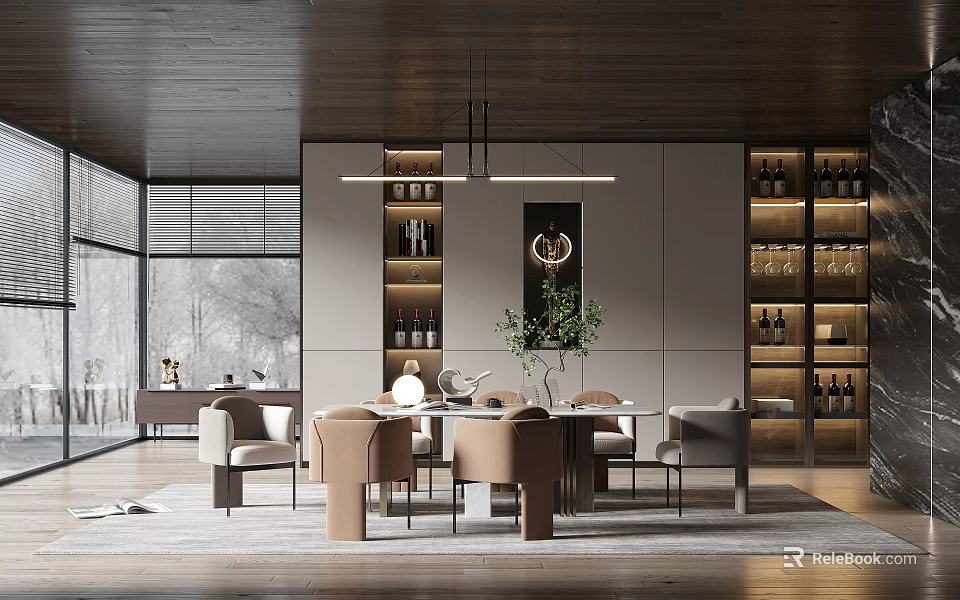 Elegant Modern Restaurant Interior With Wooden Ceiling Hanging Lights Beige Chairs And Wine Shelves 3d model 