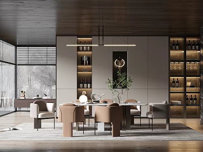 Elegant Modern Restaurant Interior With Wooden Ceiling Hanging Lights Beige Chairs And Wine Shelves 3d model