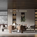 Elegant Modern Restaurant Interior With Wooden Ceiling Hanging Lights Beige Chairs And Wine Shelves