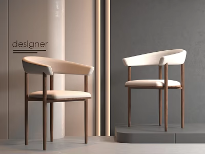 Designer Modern Dining Chairs With Curved Backrest And Light Colored Seat Cushion On Wooden Legs 3d model