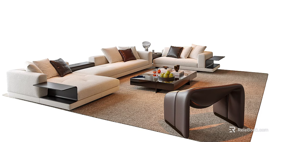 Modern L shaped Sofa And Coffee Table Set With Cushions Fruit Tray On Rug 3d model 