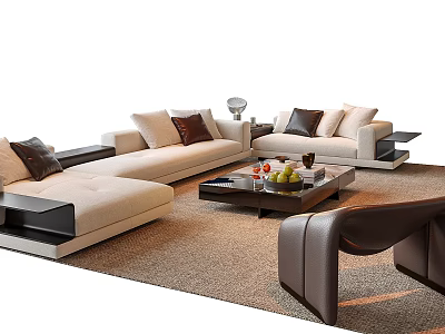 Modern L shaped Sofa And Coffee Table Set With Cushions Fruit Tray On Rug 3d model
