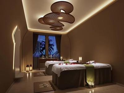 Serene SPA Sauna Room with Massage Beds White Linens Ambient Lights and Palm Tree View 3d model