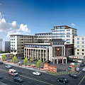 Modern Multi Storey Hospital Building With Blue Sky Green Trees Ambulance And Cars On Street