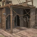 Wooden Boat House Sailing Boat House Canvas Cloth Old Wooden House Old Boat Mast Wooden Box Barrel Deck 3d model