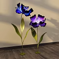 Floral Installation With Lighted Blue Purple Flowers Green Leaves And Wooden Floor
