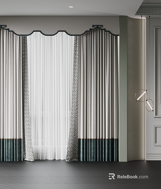 White And Green Two Tone Window Curtains With Sheer Layer And Decorative Top Rings 3d model 