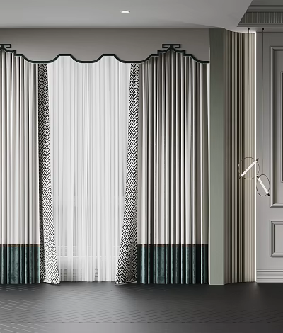 White And Green Two Tone Window Curtains With Sheer Layer And Decorative Top Rings 3d model