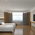 Hotel Guest Room With Simple Style White Bed Wooden Floor TV And Wall Painting Desk