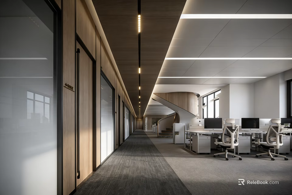 Modern Public Office Space With Wooden Walls Linear Ceiling Lights Workstations Computers And Gray Carpet 3d model 