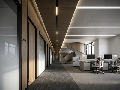 Modern Public Office Space With Wooden Walls Linear Ceiling Lights Workstations Computers And Gray Carpet 3d model