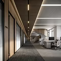 Modern Public Office Space With Wooden Walls Linear Ceiling Lights Workstations Computers And Gray Carpet