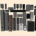 Modern Headphones and Speakers Collection with Floor Bookshelf Subwoofers Wooden Metal Design