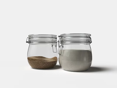 Transparent Glass Spice Jars with Metal Clasp Lids Holding Brown Gray Powder on White Background 3d model